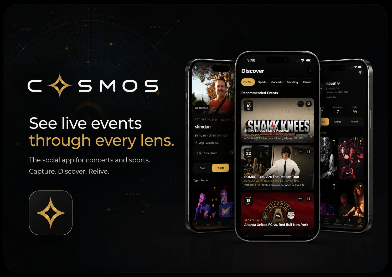 Cosmos — See live events through every lens. The social app for concerts and sports. Capture. Discover. Relive. Product screens show event discovery, fan photos, and a profile.